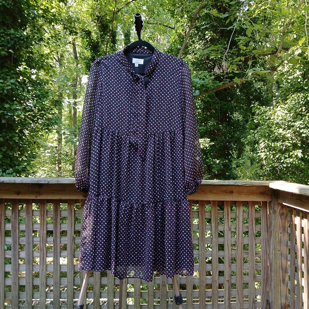 Polka Dots on Black Tiered Chiffon Midi Dress Blouson Sleeves & Bow at Neckline